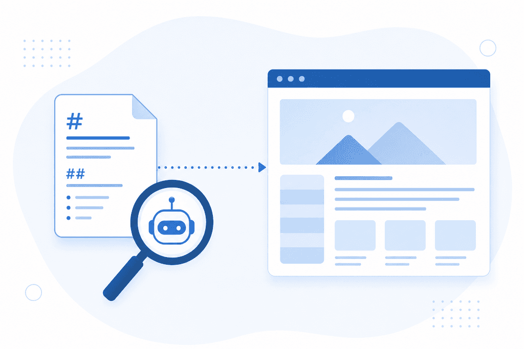 Markdown file icon linked to website structure with magnifying glass symbol