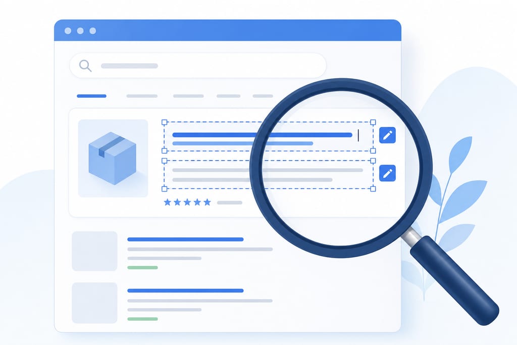 Magnifying glass over editable search snippet highlighting product title and description for product page SEO