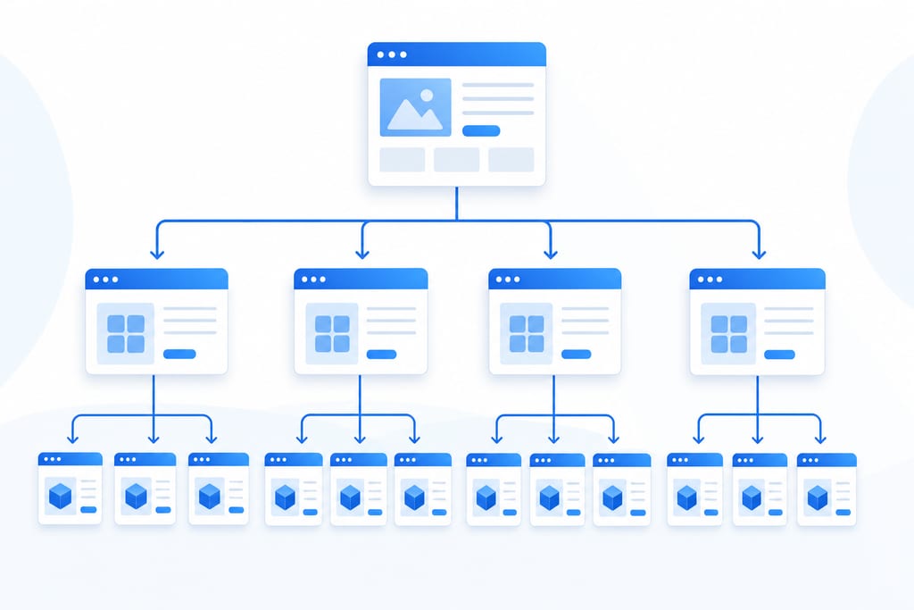 Clean modern diagram showing three-tier site structure with ecommerce internal linking arrows