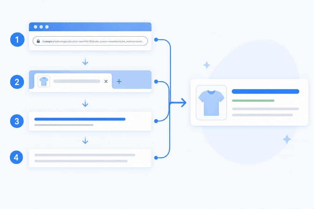 Modern flat illustration of a product URL being trimmed into a tidy search result, for shopify product page seo