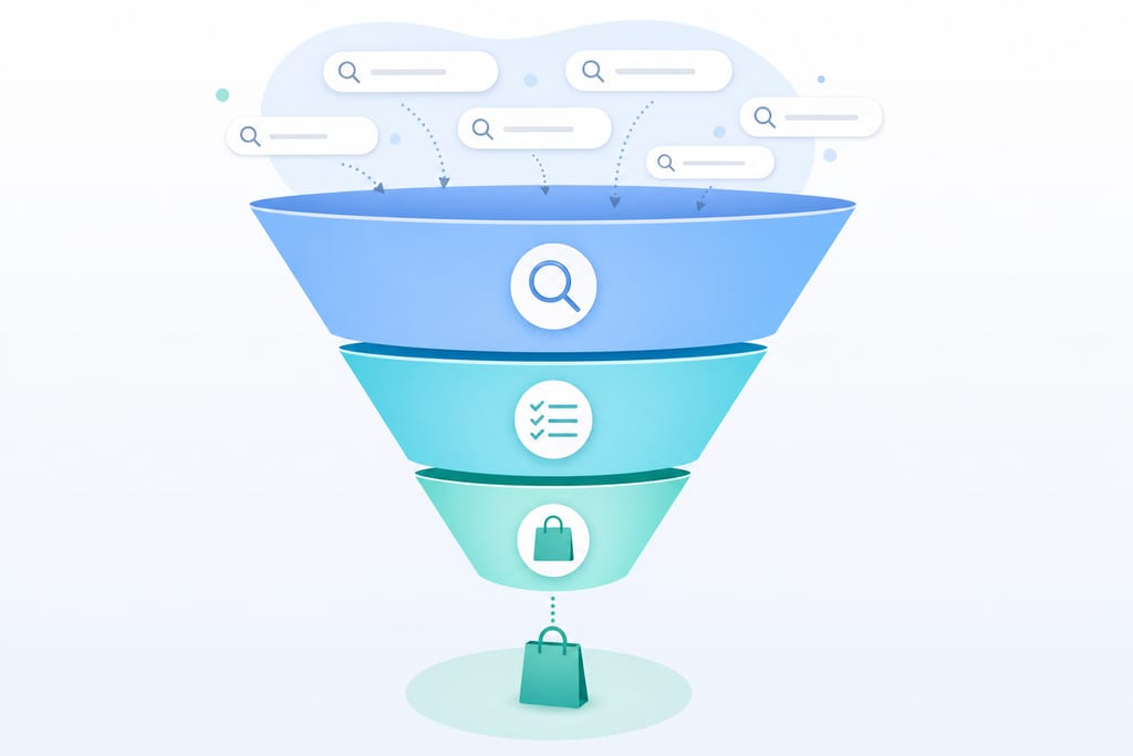 Funnel diagram showing search queries narrowing through awareness, comparison and purchase stages for Shopify Blog SEO