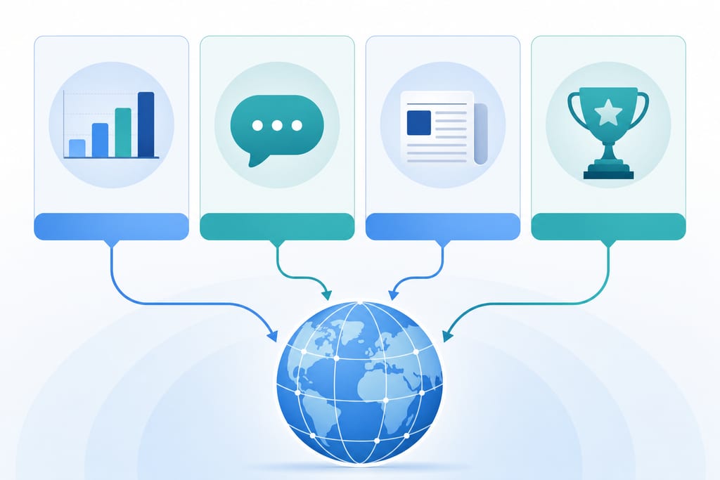 Flat infographic showing four digital pr campaign panels converging toward a central online media globe