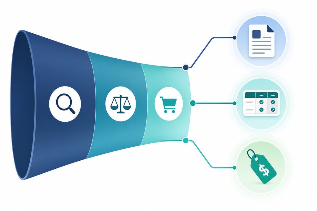 clean modern funnel diagram illustrating research, comparison and purchase stages for content strategy