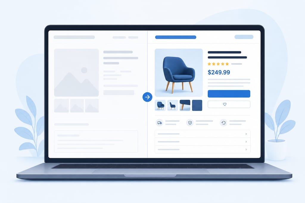 Split laptop showing unclear product listing beside a clean optimised product page for how to promote e commerce website